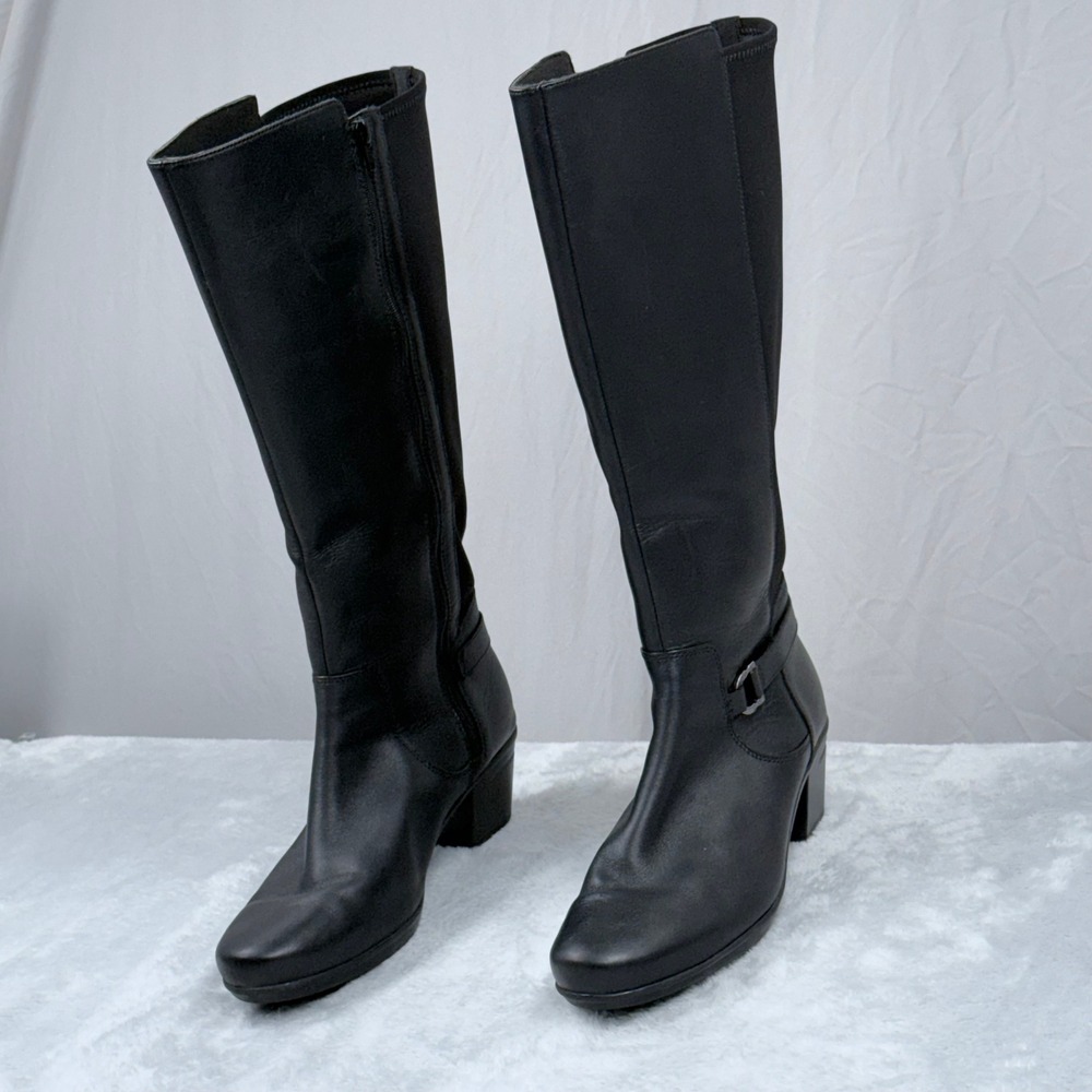 Clarks Emslie March Knee High Boots Womens 11 W Black Leather Tall Block Heel